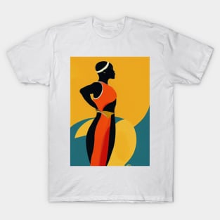 Woman in an orange and black dress. T-Shirt
